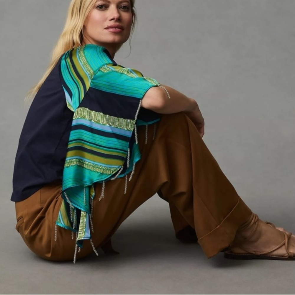 Anthropologie TINY Blue Green Beaded Bell Sleeve Top - Picture 4 of 15